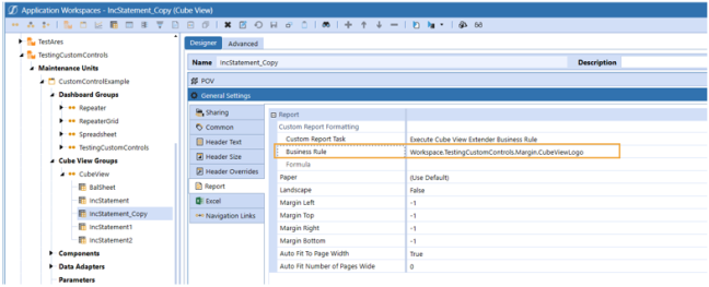 Yellow rectangle box on the Business Rule setting in the Designer Tab for a cube view extender.